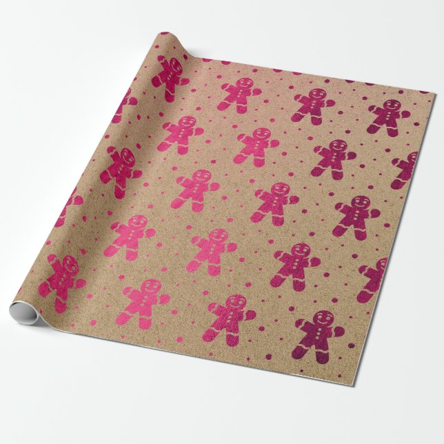 Christmas New Year Fuchsia Gingerbread Man Kraft Wrapping Paper (Unrolled)