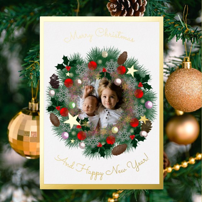 Christmas & New Year greetings, photo in a wreath Foil Holiday Card (Creator Uploaded)