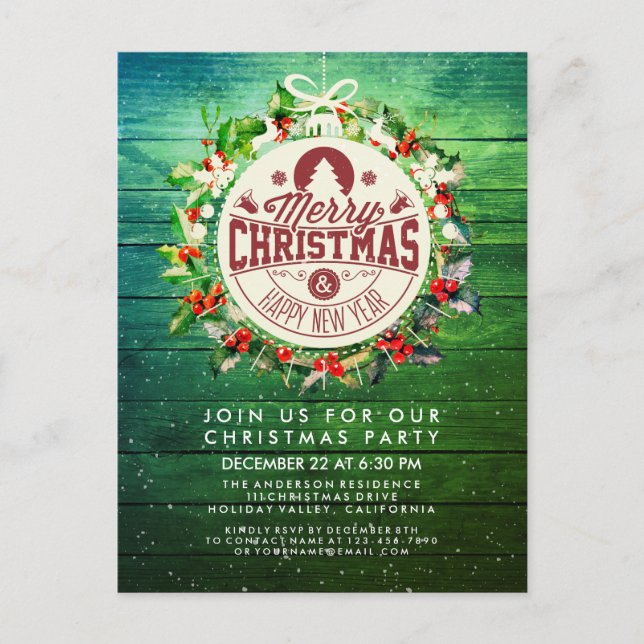 Christmas New Year Holiday Party Holly Wreath Snow Postcard (Front)