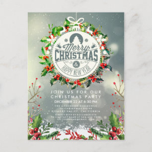 Christmas New Year Holiday Party Holly Wreath Snow Postcard