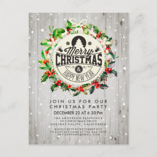 Christmas New Year Holiday Party Holly Wreath Snow Postcard