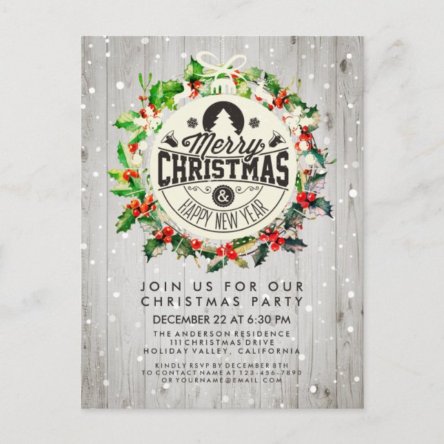 Christmas New Year Holiday Party Holly Wreath Snow Postcard (Front)