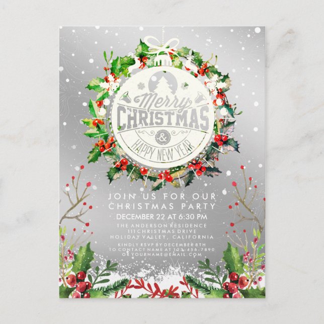 Christmas New Year Holiday Party Holly Wreath Snow Postcard (Front)