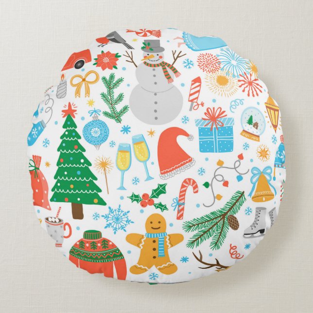 Christmas, New Year icon set. Winter holidays Vint Round Pillow (Front)