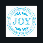 Christmas New Year Joy Family Round Return Address Self-inking Stamp<br><div class="desc">Christmas family round return address self-inking stamp with your name and address in bright blue stylish typography with a pretty hand drawn JOY text illustration. Simply add your name and address. Exclusively designed for you by Happy Dolphin Studio. If you need any help or matching products please contact us at...</div>