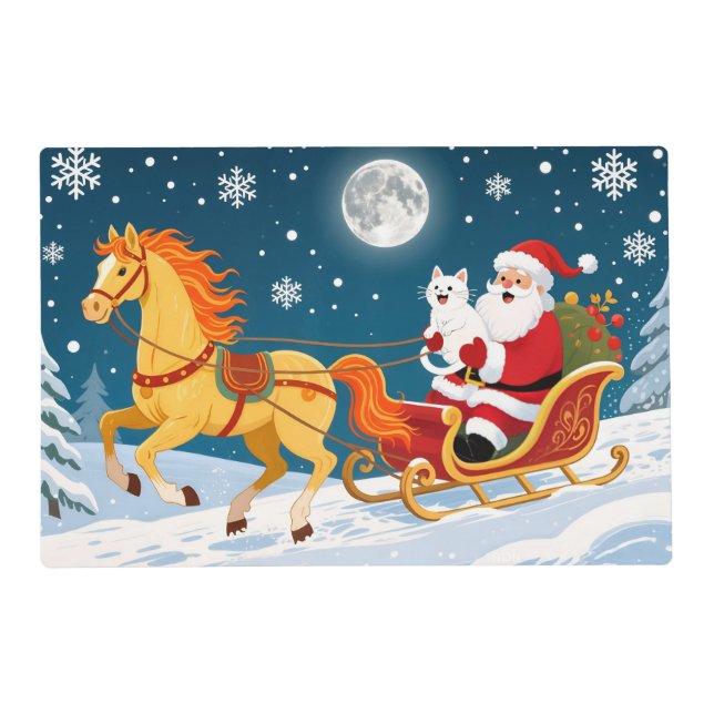 Christmas, New Year, Red Horse, Santa & White Cat Placemat (Front)