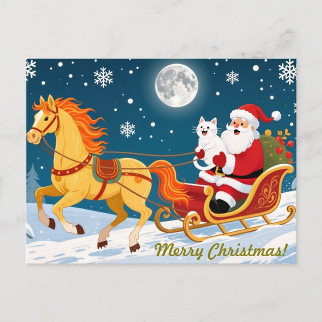 Christmas, New Year, Red Horse, Santa & White Cat Postcard (Front)
