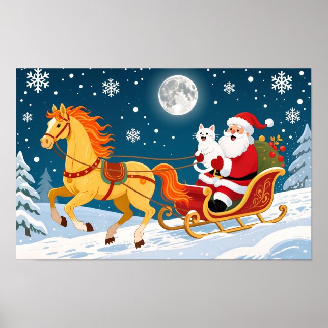 Christmas, New Year, Red Horse, Santa & White Cat Poster (Front)