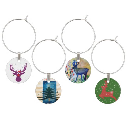 Christmas New Year Reinder Set of Four Wine Charms