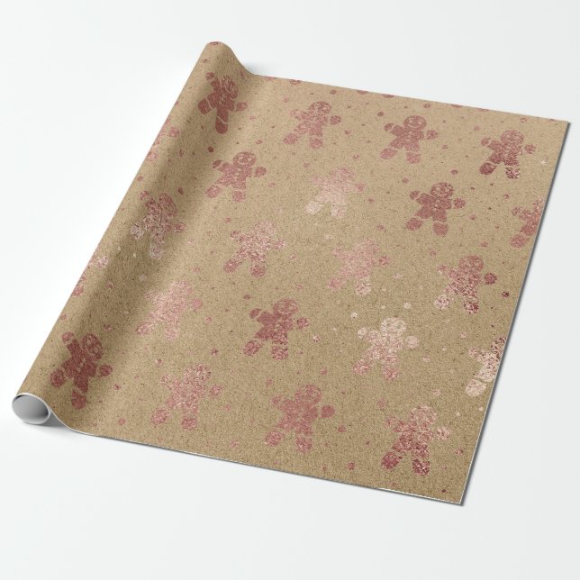 Christmas New Year Rose Gold Gingerbread Man Kraft Wrapping Paper (Unrolled)