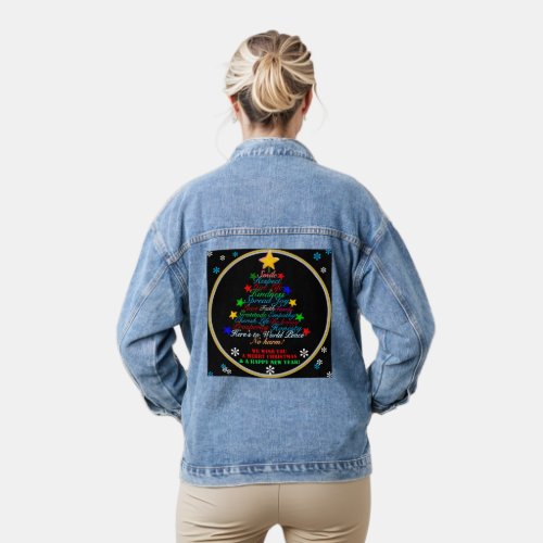 Christmas New Year Typography Colorful Tree Stars Denim Jacket