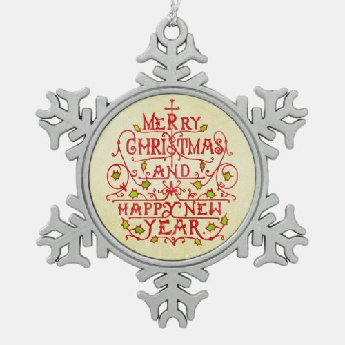 Christmas New Year Vintage Typography Snowflake Pewter Christmas Ornament