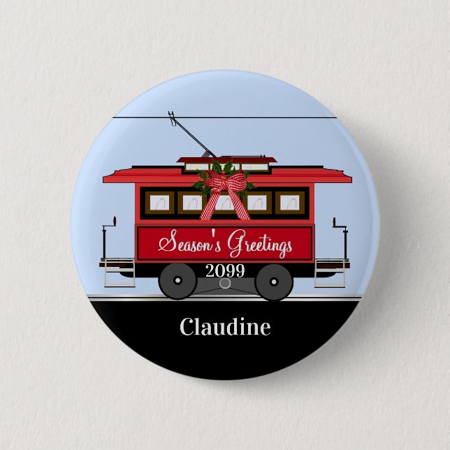 Christmas New Year's Red Tram Trolley Streetcar Button (Front)