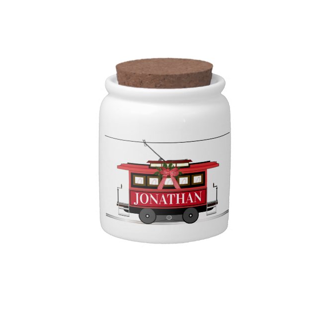 Christmas New Year's Red Tram Trolley Streetcar  Candy Jar (Front)