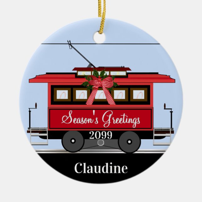 Christmas New Year's Red Tram Trolley Streetcar Ceramic Ornament (Front)