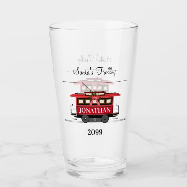Christmas New Year's Red Tram Trolley Streetcar Glass (Front)
