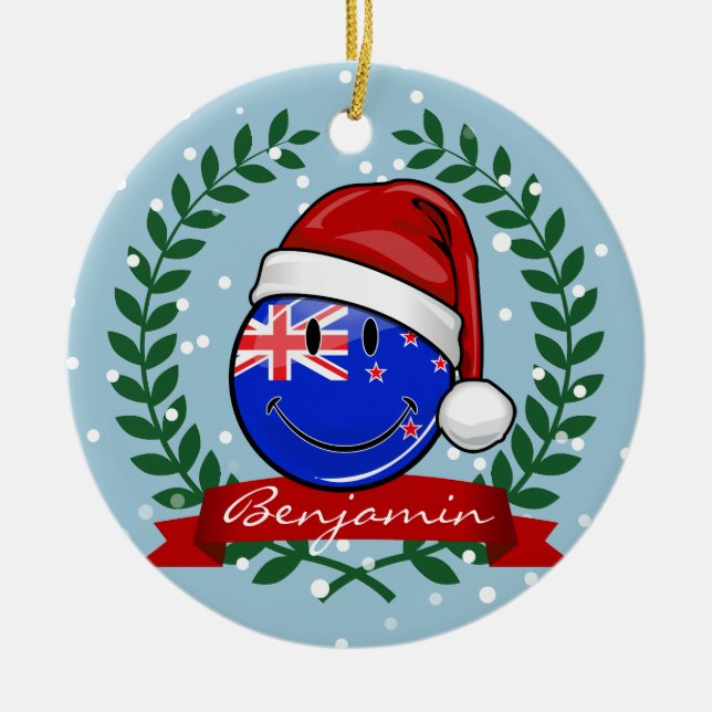 Christmas New Zealand Style Smiling Flag Ceramic Ornament (Front)