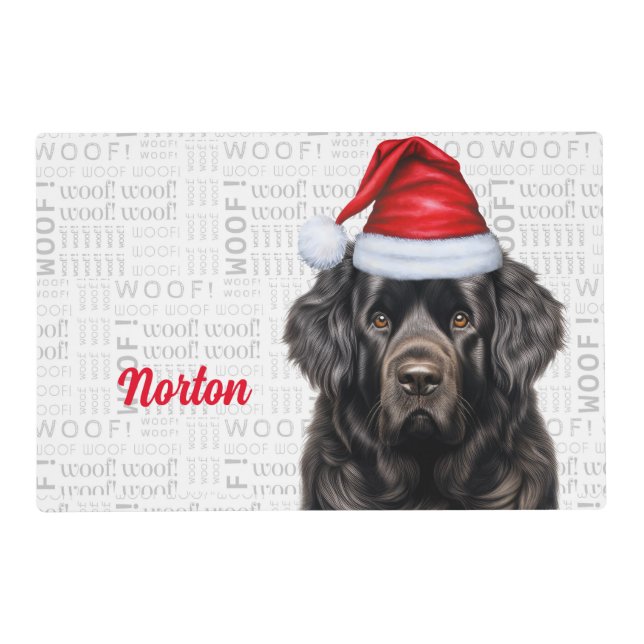Christmas Newfoundland Santa Dog with Name Pet Placemat (Front)