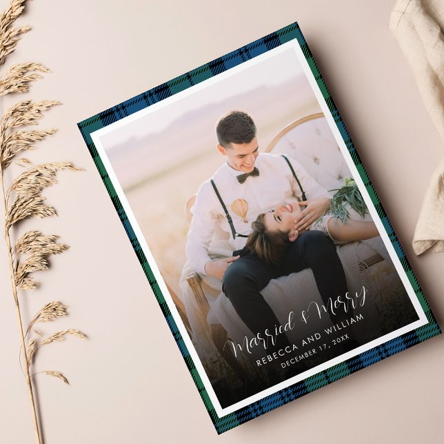 Christmas Newlywed Photo Clan Campbell Tartan Holiday Card (Plaid Married and Merry Christmas Couples Photo Campbell Tartan Card)