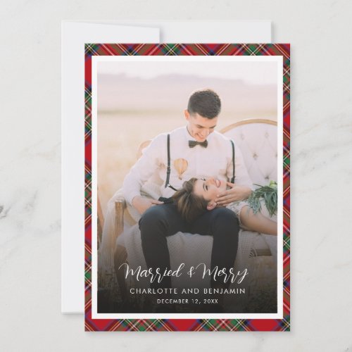 Christmas Newlywed Photo Married and Merry Tartan Holiday Card