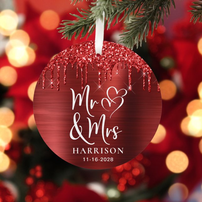 Christmas Newlywed Red Glitter Photo Metal Ornament (Creator Uploaded)