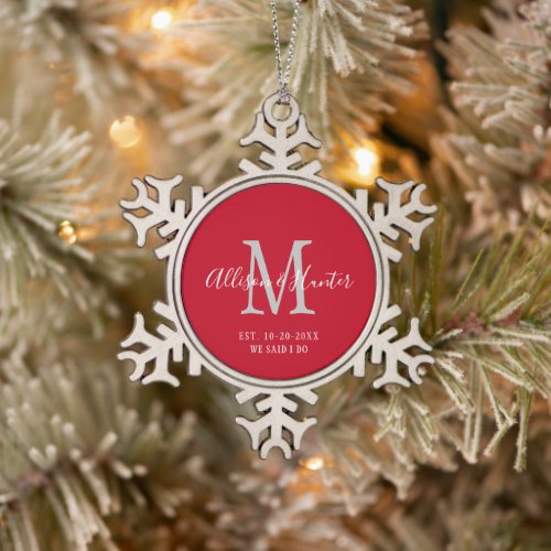 Christmas Newlyweds Established Monogram Name Snowflake Pewter Christmas Ornament