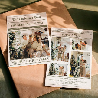 Christmas Newspaper Olive Green Photo What a Year Holiday Card