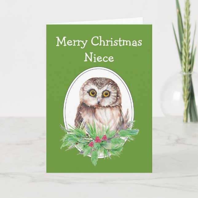 Christmas Niece Cute Owl Bird Holly PIne Holiday Card (Front)