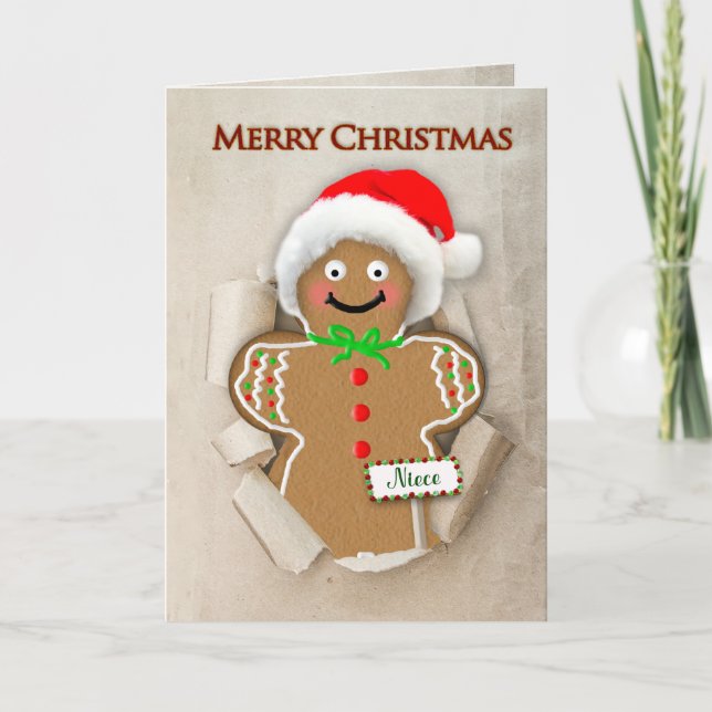 Christmas, Niece, Gingerbread Man Santa Hat Card (Front)