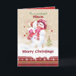 Christmas, Niece, Snow Child Hugs Snow Pup Holiday Card<br><div class="desc">The sweet Christmas card for a young Niece. It features an adorable little snow child hugging her cute snow puppy. She is wearing matching hat scarf and gloves in pink and red, and her puppy is wearing to Santa hat. Snow is falling around them and a decorative Christmas border trims...</div>