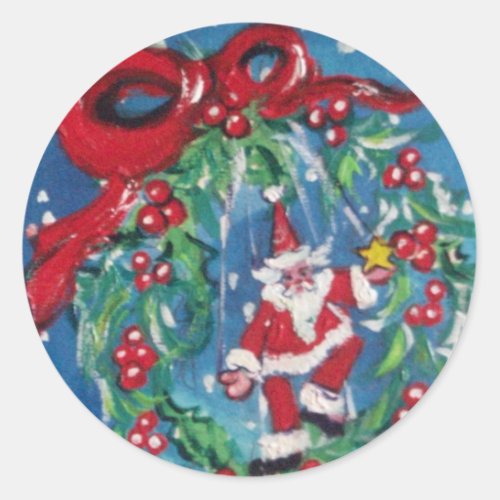 CHRISTMAS NIGHT CROWN WITH RED RIBBON CLASSIC ROUND STICKER