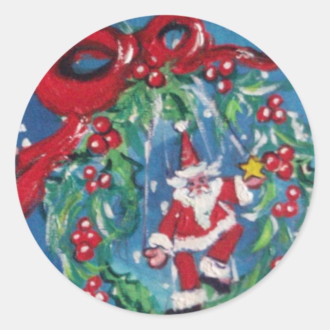CHRISTMAS NIGHT CROWN WITH RED RIBBON CLASSIC ROUND STICKER (Front)