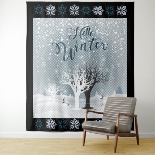 Christmas Night Fairy Tale Fantasy Snowy Forest Tapestry