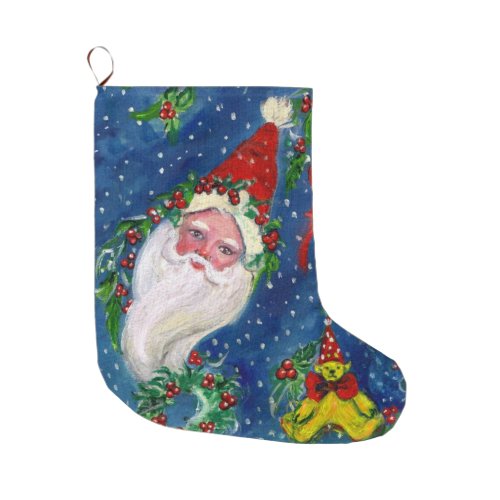 CHRISTMAS NIGHTHOLLYBERRIES SANTA CLAUS IN SNOW LARGE CHRISTMAS STOCKING