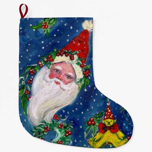 CHRISTMAS NIGHT,HOLLYBERRIES ,SANTA CLAUS IN SNOW LARGE CHRISTMAS STOCKING (Front)