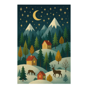 Christmas Night Mountain Village Art Photo Paper