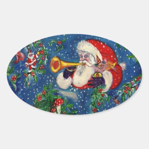 CHRISTMAS NIGHT  SANTA BUGLER OVAL STICKER