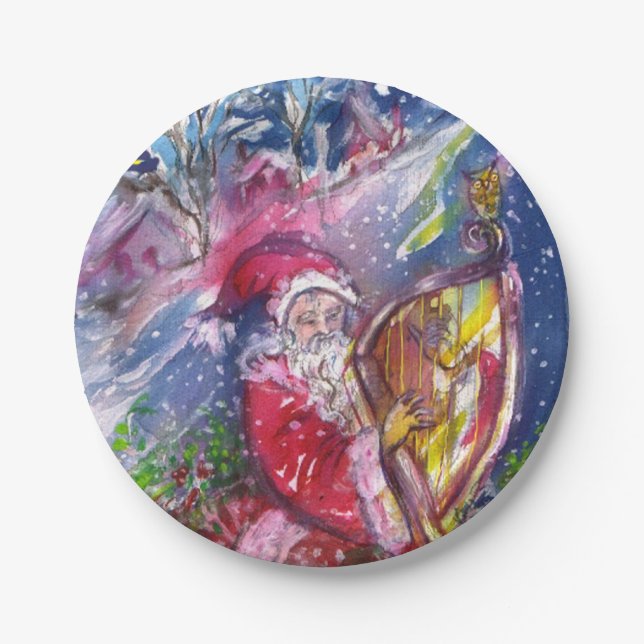 CHRISTMAS NIGHT /SANTA CLAUS PLAYING HARP PAPER PLATES (Front)