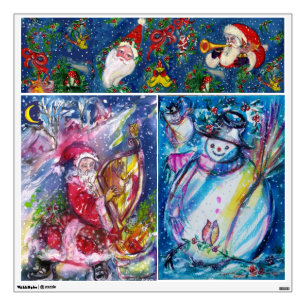 CHRISTMAS NIGHT / SANTA PLAYING HARP AND SNOWMAN WALL STICKER
