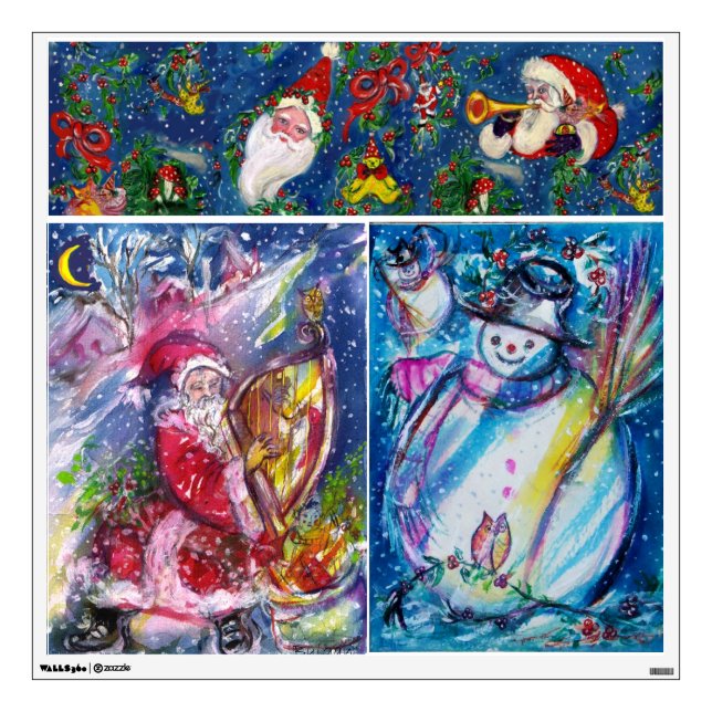 CHRISTMAS NIGHT / SANTA PLAYING HARP AND SNOWMAN WALL STICKER (Front)