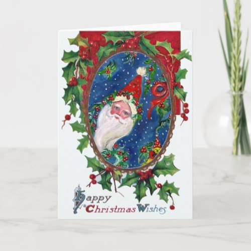 CHRISTMAS NIGHT  SANTA WITH HOLLYBERRY CROWN HOLIDAY CARD