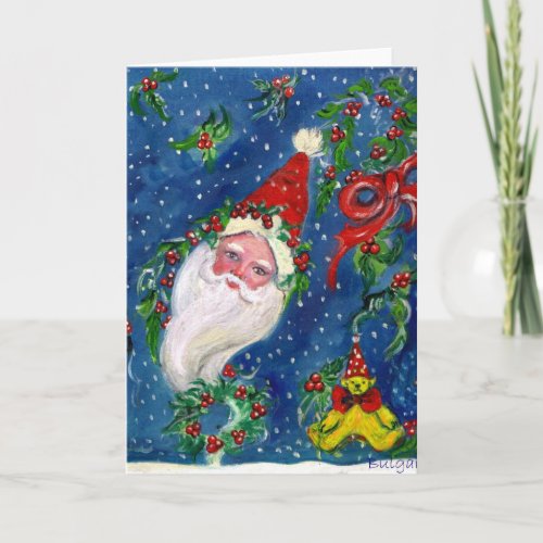 CHRISTMAS NIGHT  SANTA WITH TOYS AND HOLLYBERRIES HOLIDAY CARD