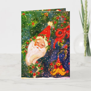 CHRISTMAS NIGHT / SANTA WITH TOYS AND HOLLYBERRIES HOLIDAY CARD