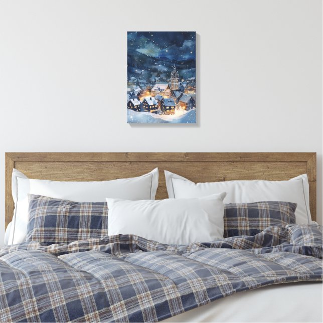 Christmas night sky Village in snow  Canvas Print (Insitu(Bedroom))