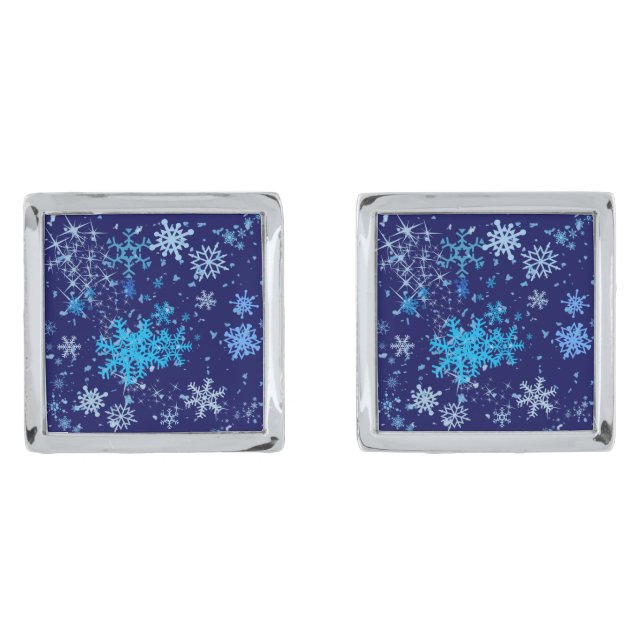 Christmas Night Snowfall Silver Cufflinks (Front)
