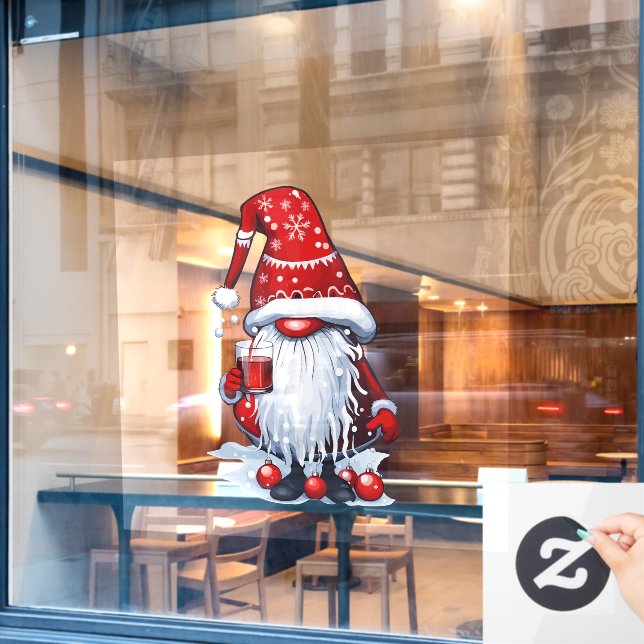Christmas Nisse Gnome Gonk Holding A Mulled Wine Window Cling (Cafe Window)