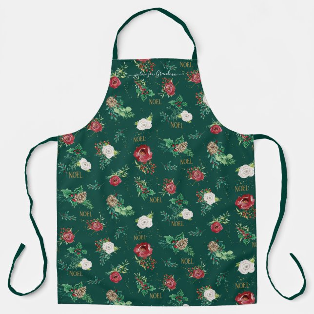 Christmas Noel Floral We Love You Grandma Red Gold Apron (Front)