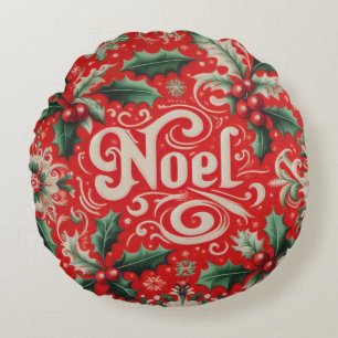 Christmas Noel Red & Green Round Pillow