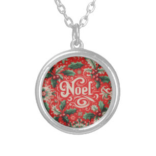 Christmas Noel Red & Green Silver Plated Necklace