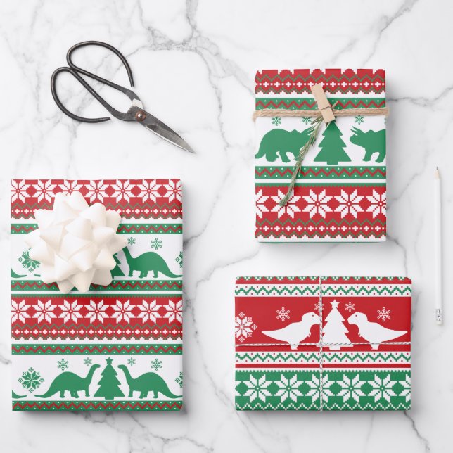 Christmas Nordic Fair Isle Dinosaurs Sweater Wrapping Paper Sheets (Front)